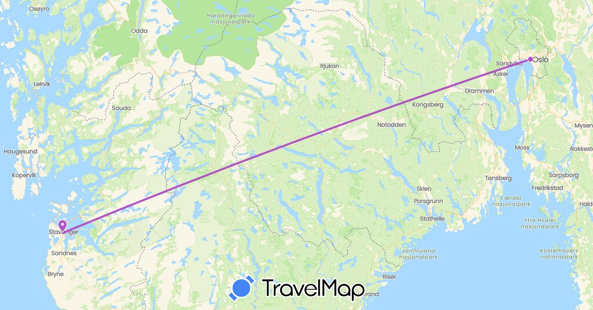 TravelMap itinerary: driving, train in Norway (Europe)
